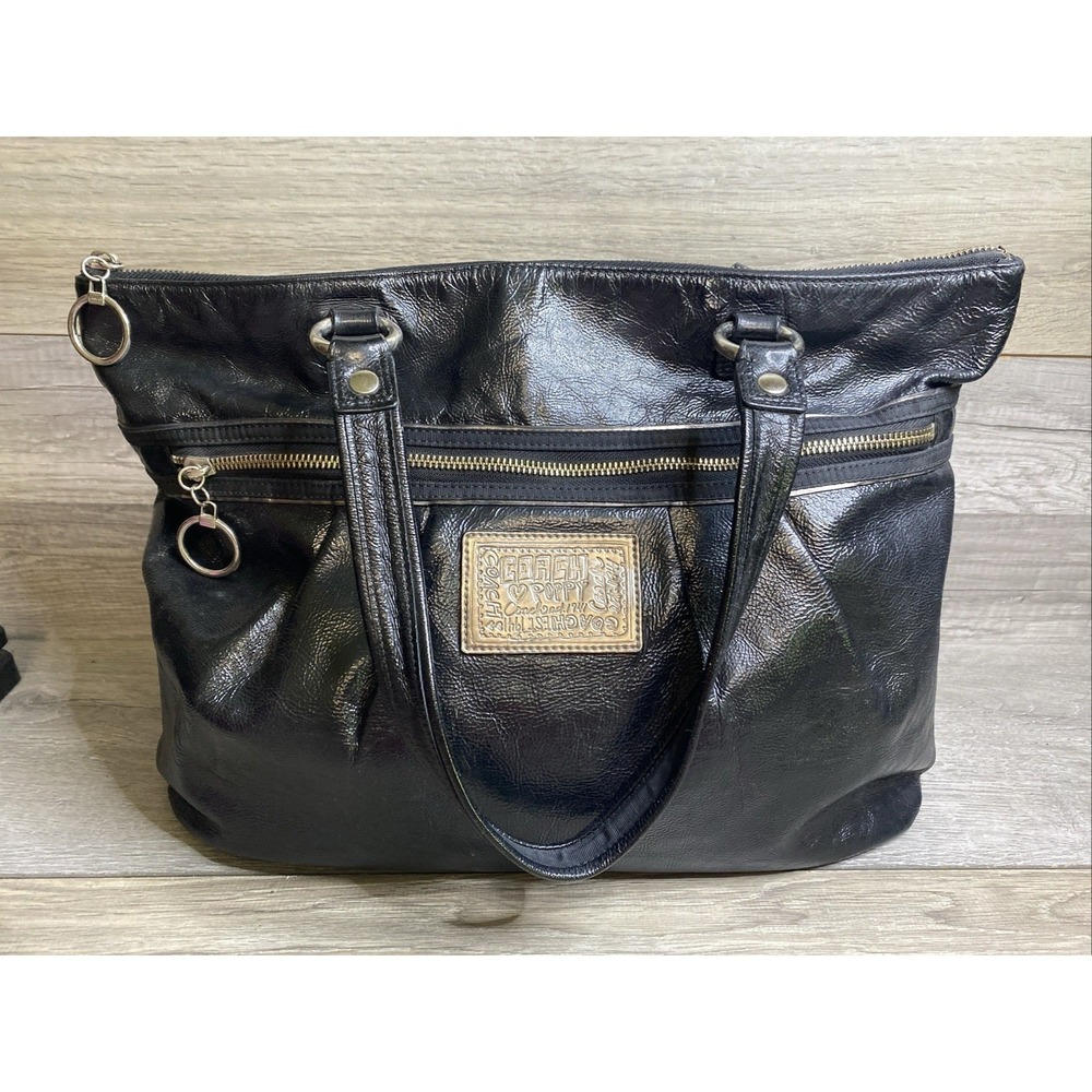 Coach Poppy Tote Bag Womens Medium Black Good Patent Leather Metallic 15791